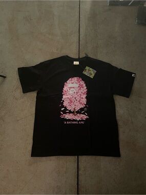 Bape Black Tee with Pink Sakura Ape Tree Graphic